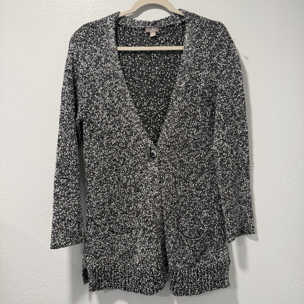 J. JILL Size-S Womens Cardigan Sweater Black White Marled Knit One Button